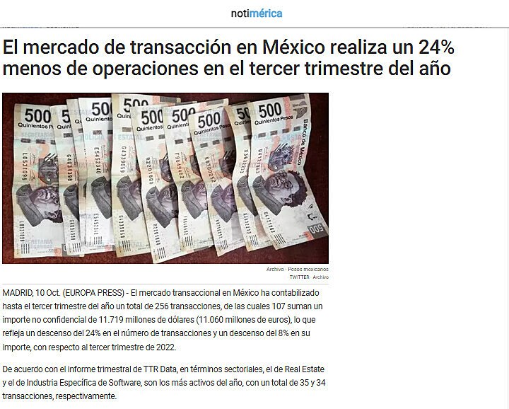 El mercado de transaccin en Mxico realiza un 24% menos de operaciones en el tercer trimestre del ao